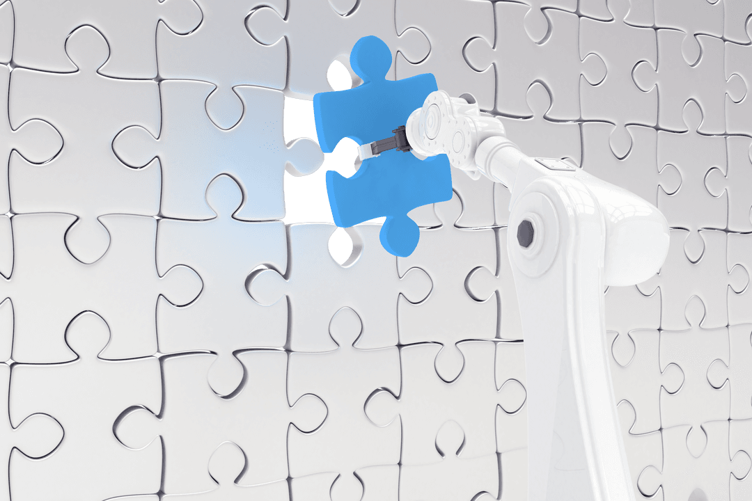 Robotic Arm Assembling Blue Puzzle Piece on Transparent Board