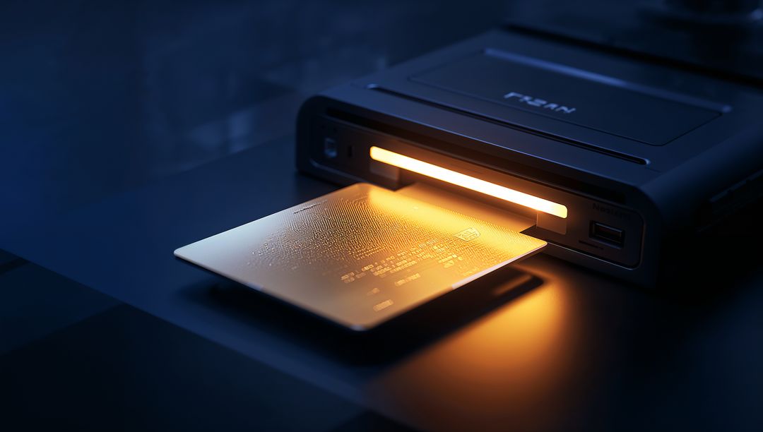 Gold Circuit Card Sliding into Black Reader under Amber LED Light, Metallic Microchip
