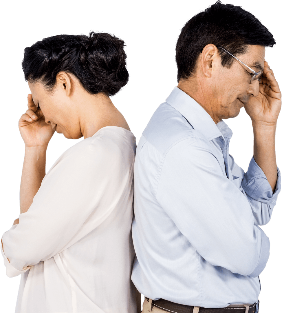 Transparent Disagreement in Older Asian Couple Back to Back