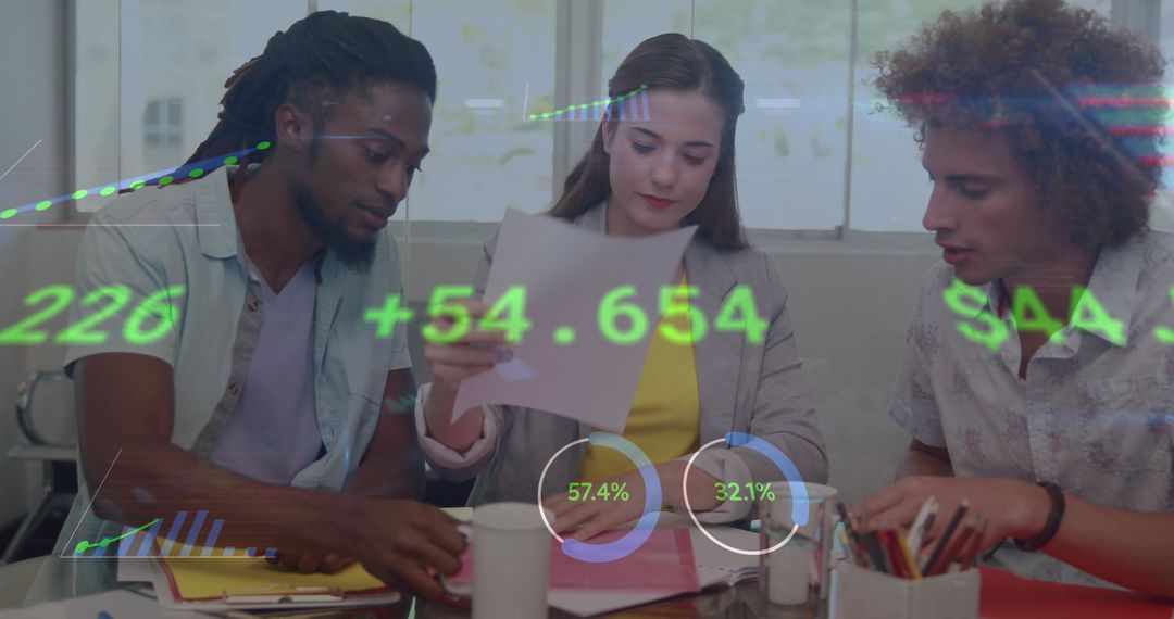 Diverse Students Analyzing Data with Digital Interface Overlay