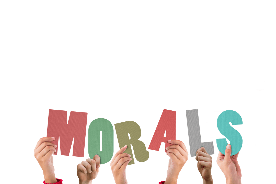 Hands Holding Colorful 'Morals' Letters on Transparent Background