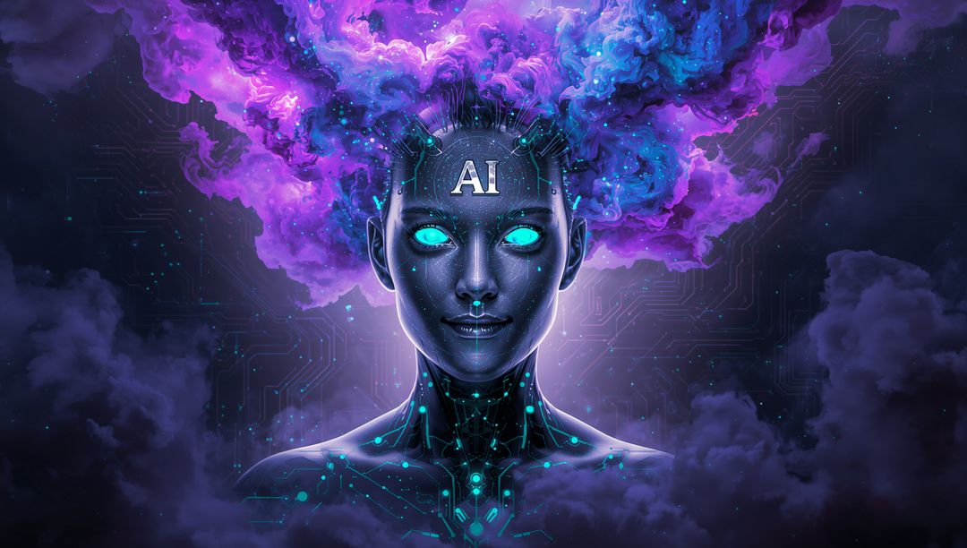 Glowing AI Femmebot with Nebula Hair Radiating Cyberpunk Circuitry and Neon Neural Aura