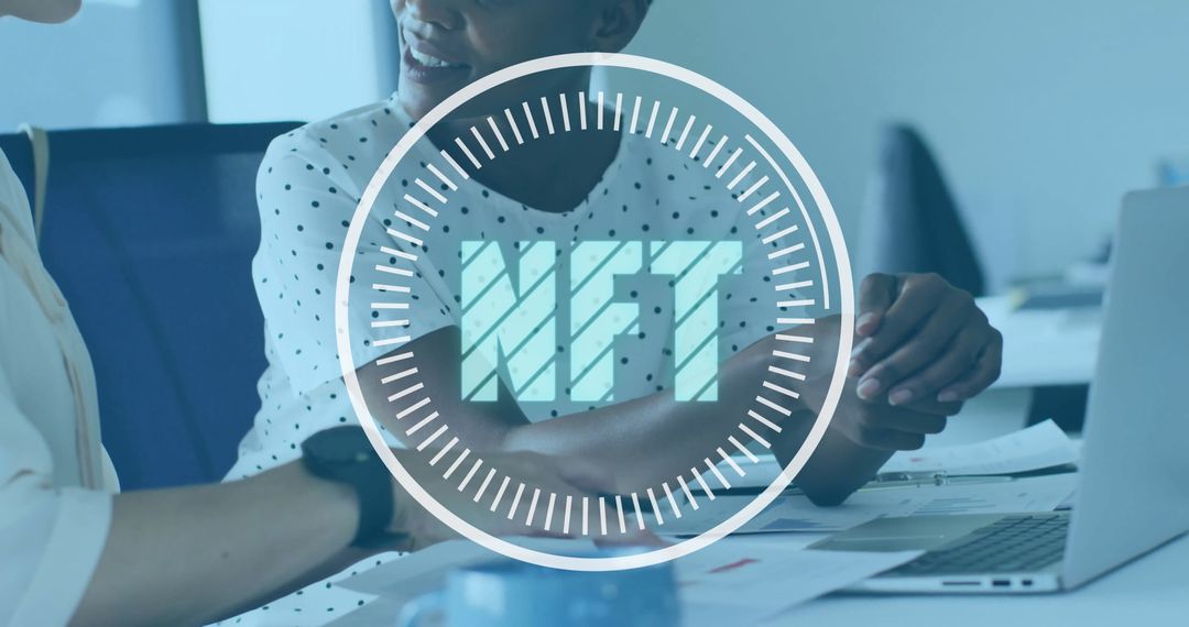 Colleagues Discussing Business Strategy with NFT Concept Overlay