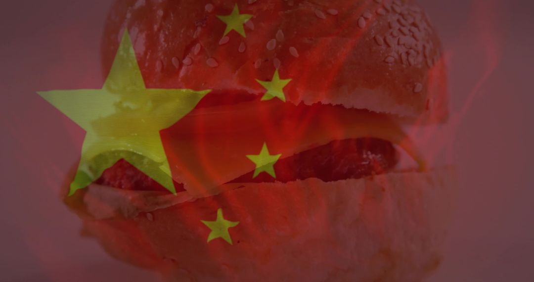 Fiery Hamburger with Chinese Flag: A Digital Art Piece