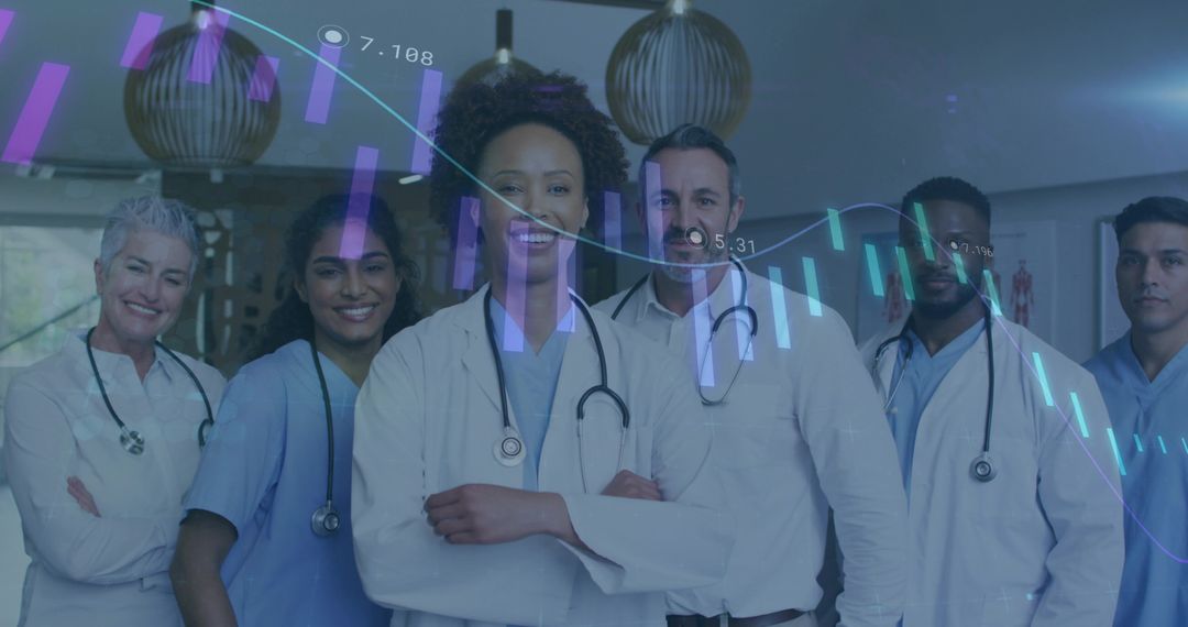 Diverse Medical Team with Data Overlay in Hospital Setting