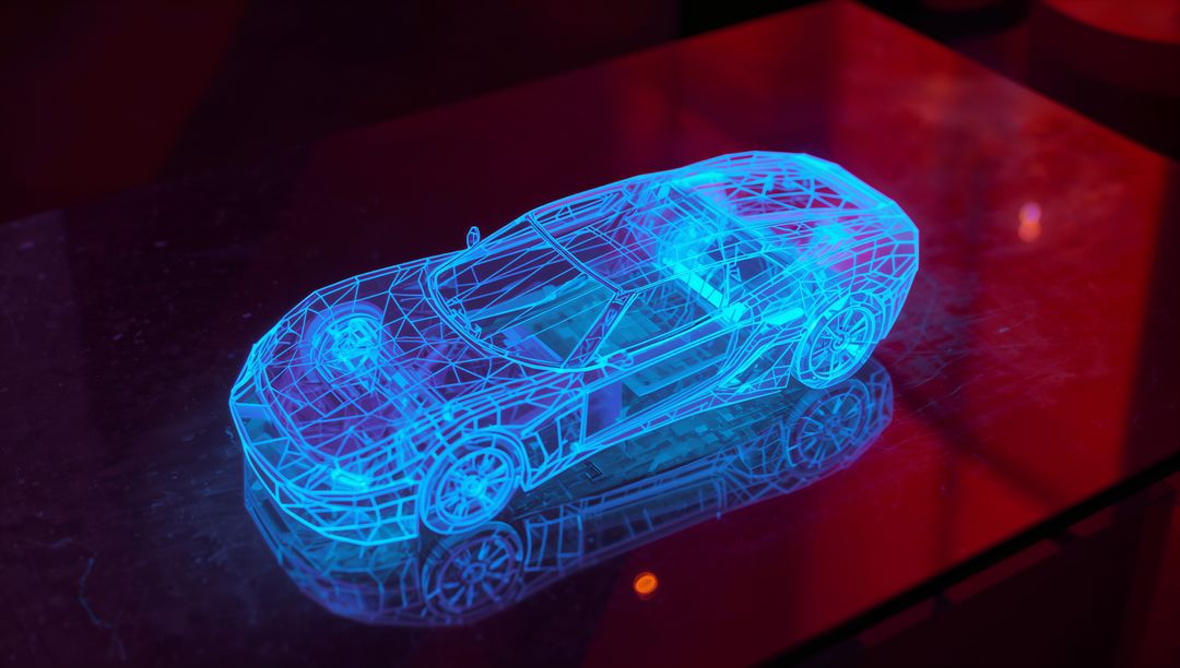 Glowing Cyan Wireframe Sports Car Hologram Reflecting on Glossy Table with Red Neon Light