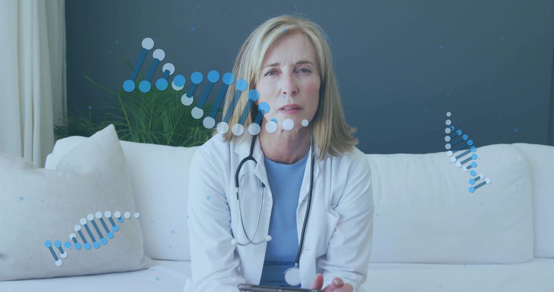 Modern Doctor Using Tablet with DNA Helix Overlay