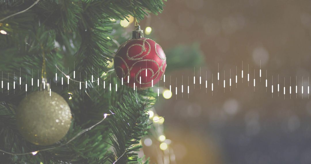 Red Glitter Bauble Hanging on Pine Branch with Warm Bokeh and Audio Waveform Overlay