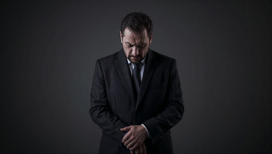 Pensive Businessman Standing in Dark Suit Looking Down Low-Key Moody Corporate Portrait