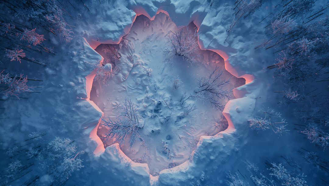 Star-Shaped Crater with Pink Glow Under Snowy Twilight