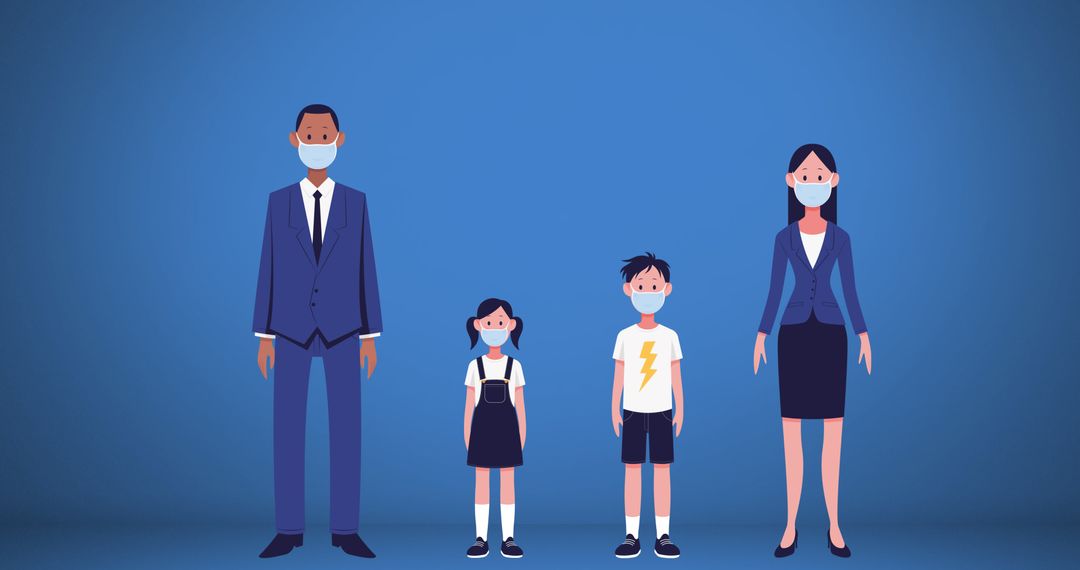 Illustration of Family Practicing Social Distancing with Face Masks