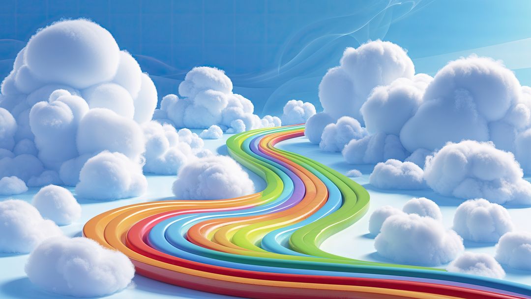 Surreal Rainbow Path with Clouds in Fantasy Landscape