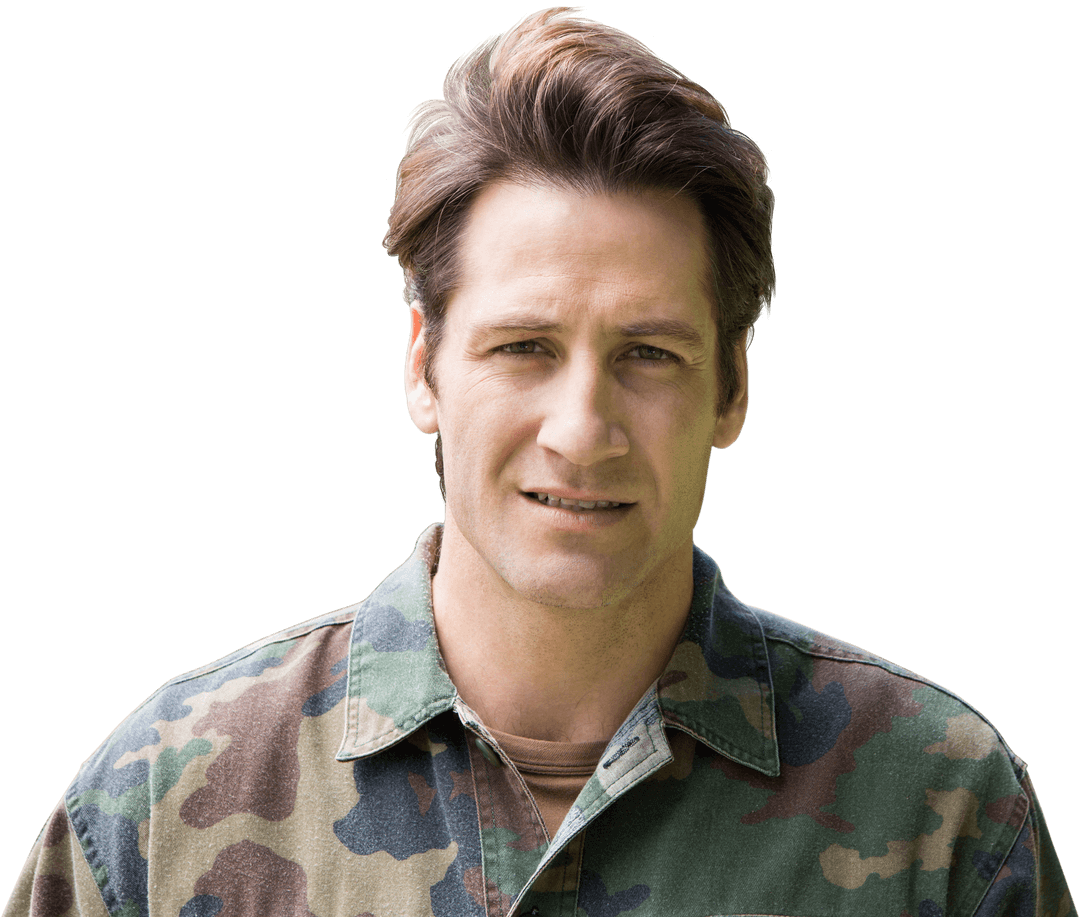 Transparent Close Portrait of Confident Army Officer in Camo