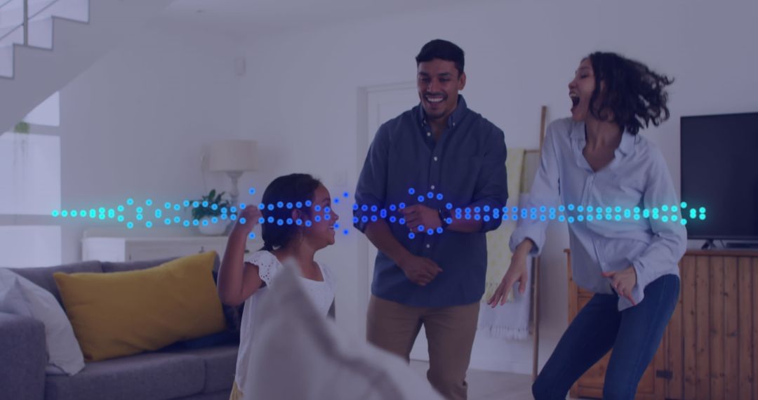 Happy Biracial Family Dancing with Digital Overlay Effect