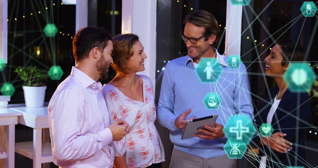 Business Professionals Collaborate with Digital Data Display