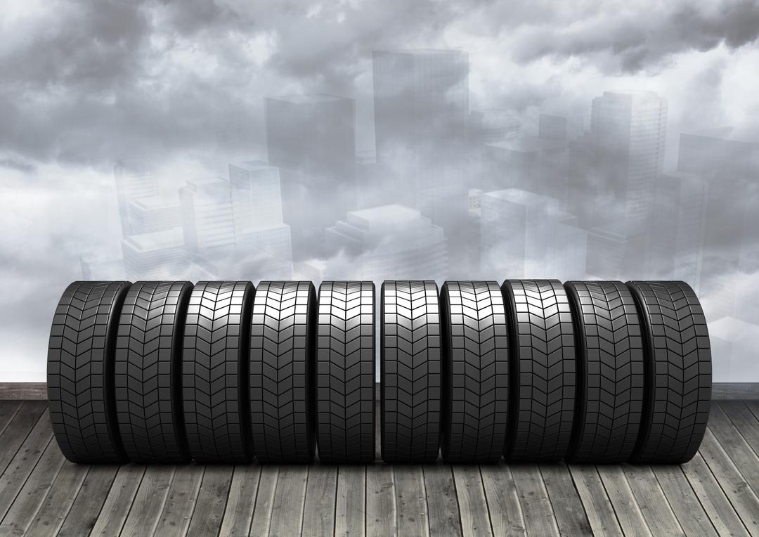Digitally Created Row of New Tires on Wooden Plank Floor - Free Images, Stock Photos and Pictures on Pikwizard.com