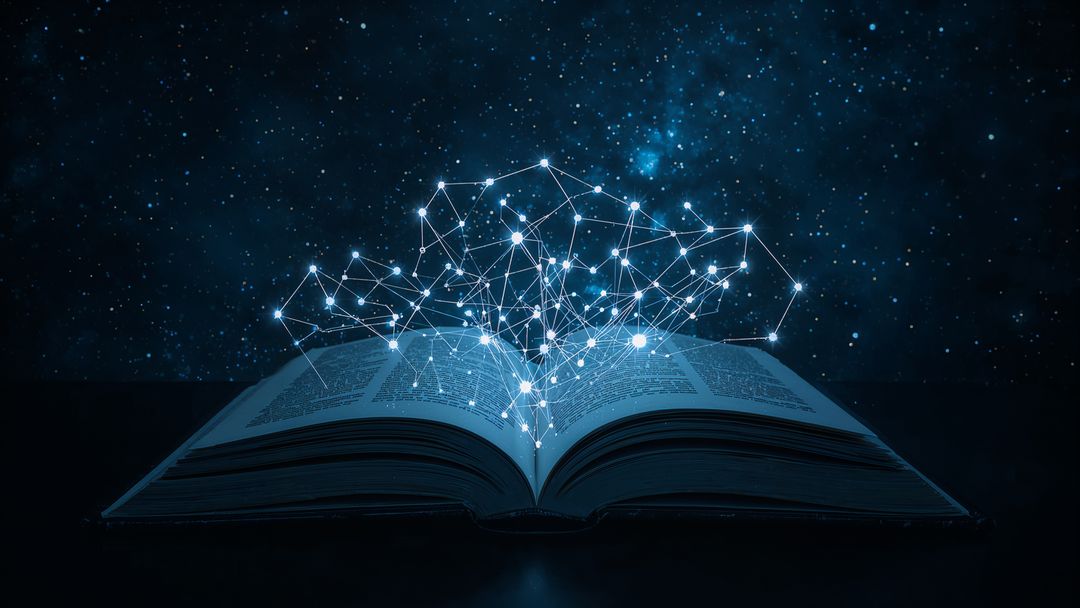 Open Book Displaying Digital Network and Cosmic Creations