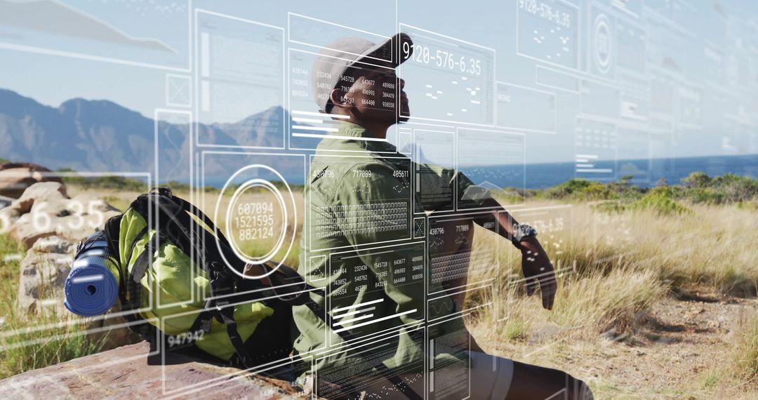 Traveler Relaxing on Scenic Coast with Digital Interface Overlays