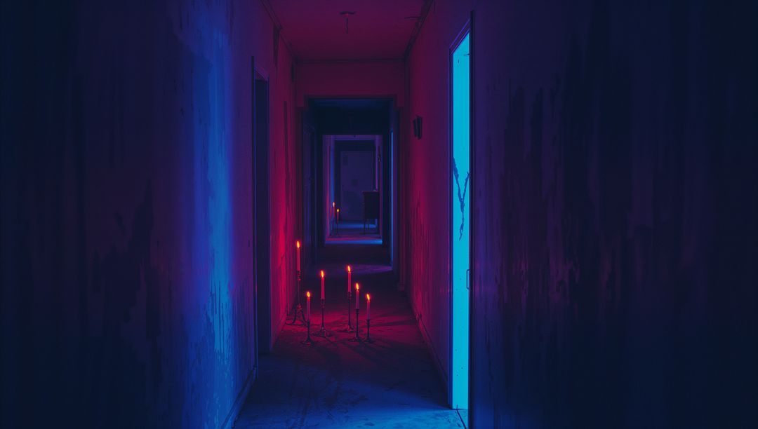 Mysterious Candlelit Hallway with Cyan Glow and Peeling Walls