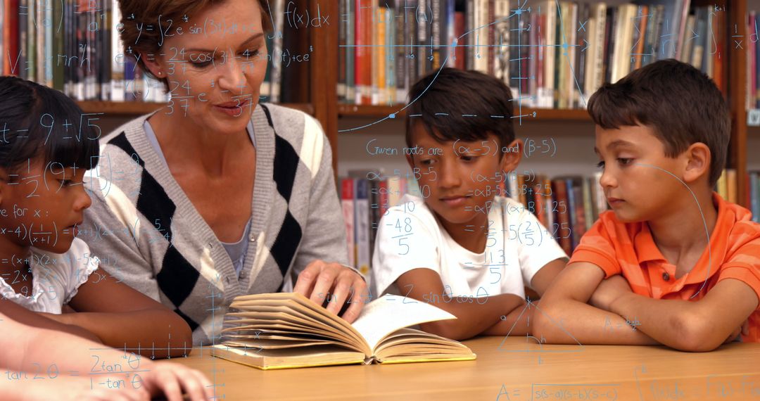 Teacher with Children Learning Together Surrounded by Math Concepts
