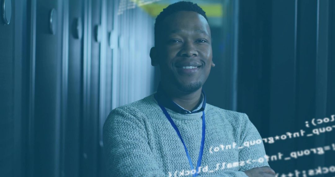 Engineer Standing Confidently in Modern Data Center with Code Overlay
