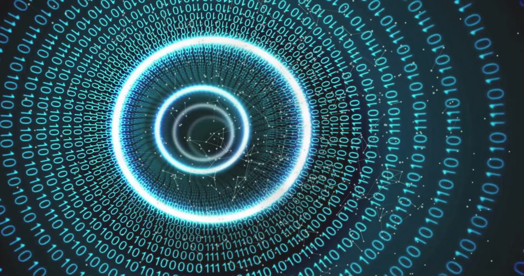 Futuristic tunnel of binary code with glowing circles