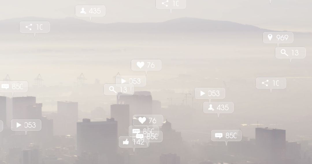Overlay of Social Media Icons on Cityscape Signifying Digital Connectivity