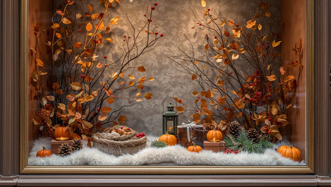 Autumn Window Display Featuring Mini Pumpkins, Lantern, Woven Basket and Rustic Fall Foliage Decor