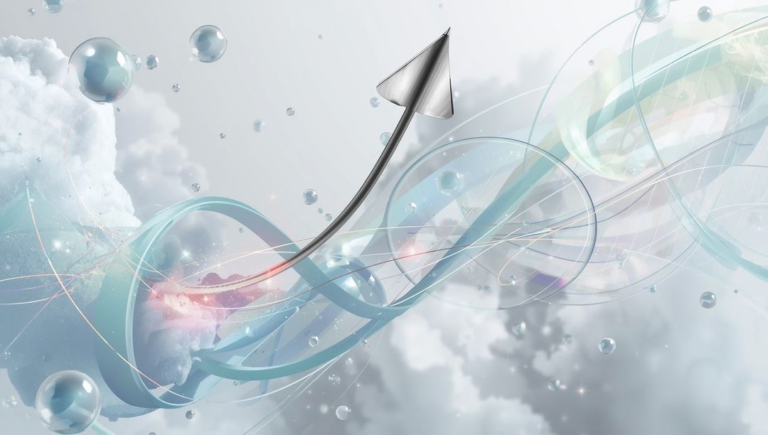 Futuristic Metallic Arrow Among Cloudy Vortex Ribbons