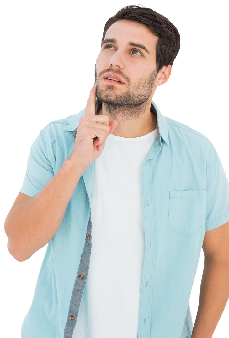 Transparent Thoughtful Man Pondering Solution with Finger on Chin