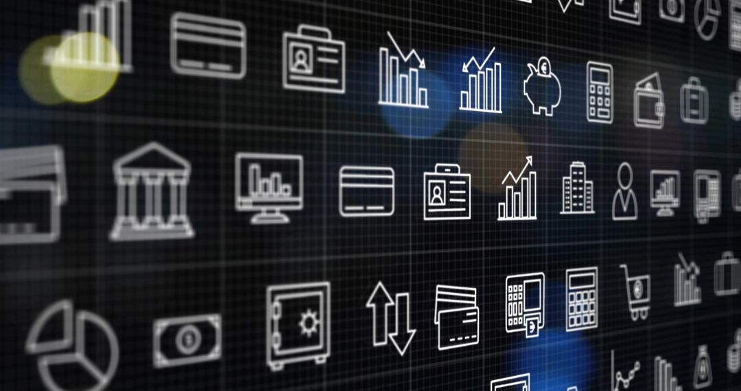 Grid of Abstract Financial Technology Icons on Virtual Dashboard