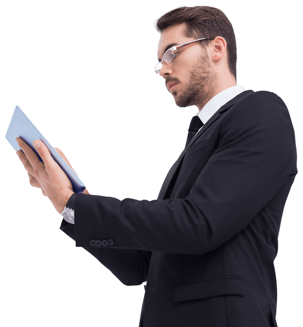Businessman in Black Suit Using Transparent Device