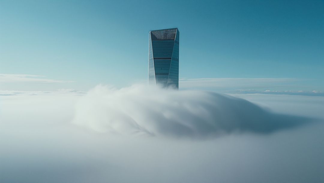 Skyscraper Tower Rising Through Dense Cloud Layer at High Altitude