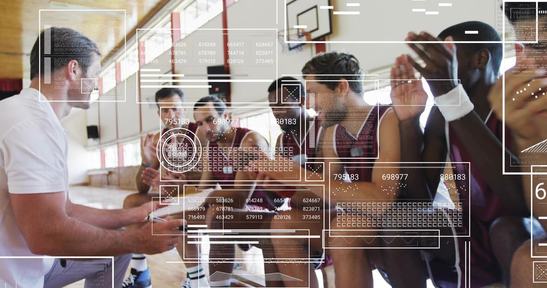 Coach Motivating Basketball Team with Digital Visualization Overlays