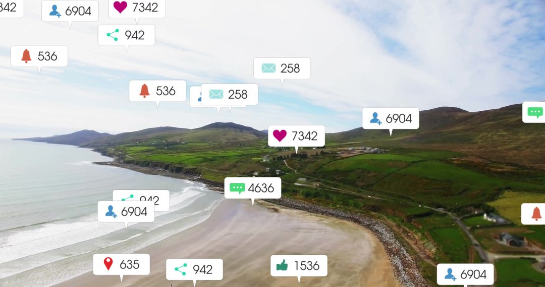Social Media Notifications Above Tranquil Bay Landscape