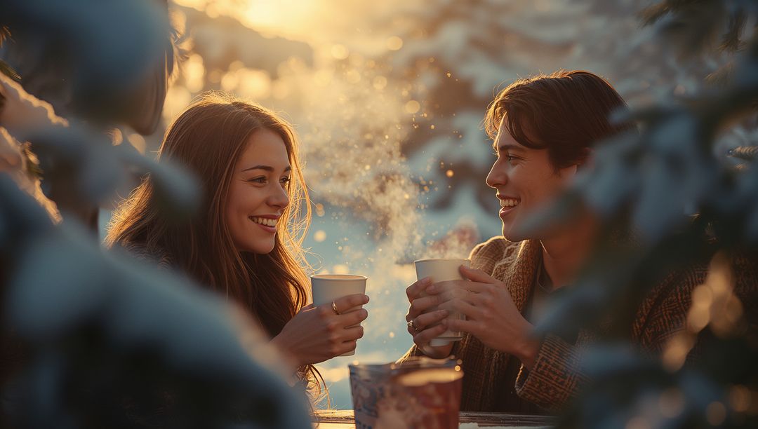 Couple Enjoying Warm Drinks in Snowy Winter Wonderland
