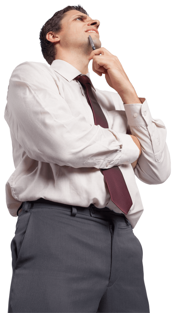 Transparent Businessman Pondering Pen Hand Confidently Transparent