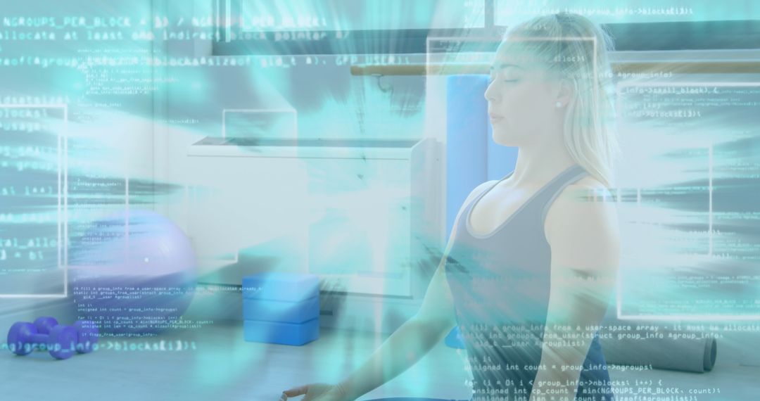 Woman Meditating with Data Visualization in Background on Health and Wellbeing