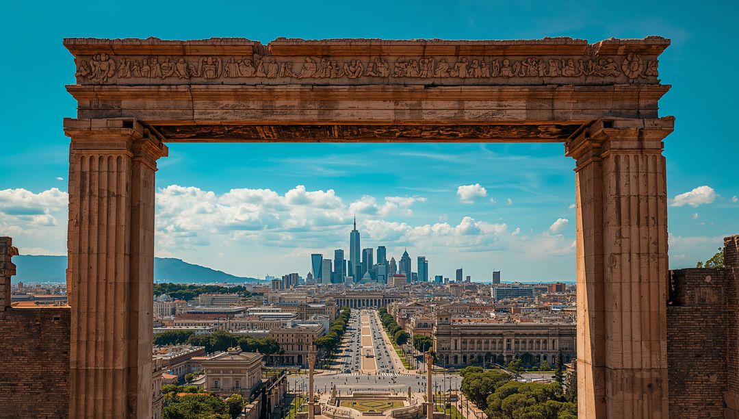 Framing ornate fluted arch with classical frieze over tree-lined avenue toward skyline