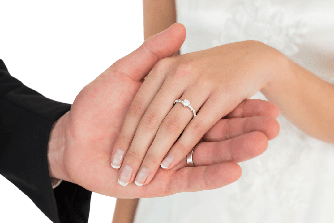 Newlywed Hands with Elegant Diamond Ring on Transparent Background