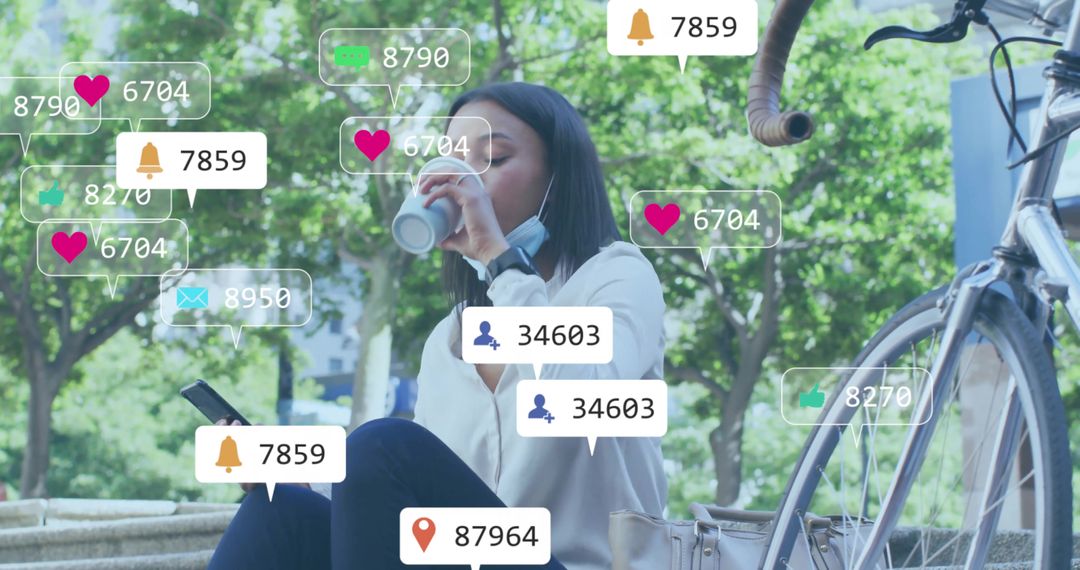 Asian Woman Enjoys Coffee in Park While Browsing Phone