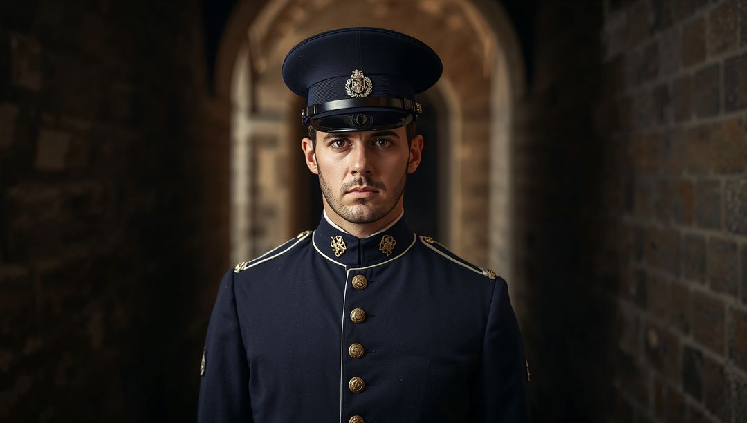 Uniformed Officer Standing at Attention in Historic Corridor