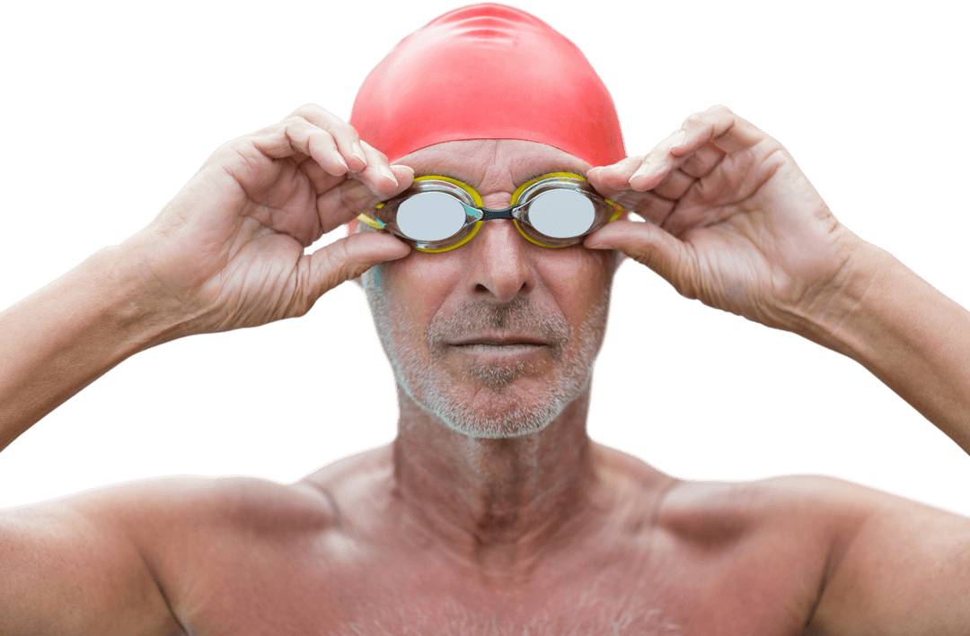 Transparent Close-Up of Senior Swimmer with Goggles and Cap