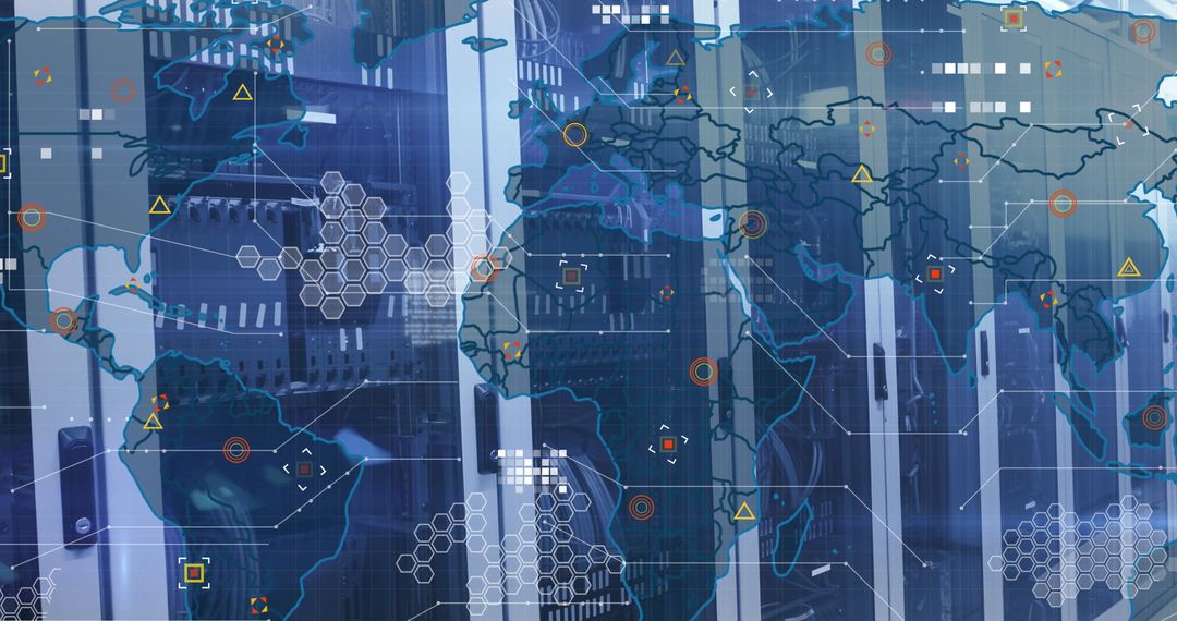 Digital interface with world map and data processing in server room