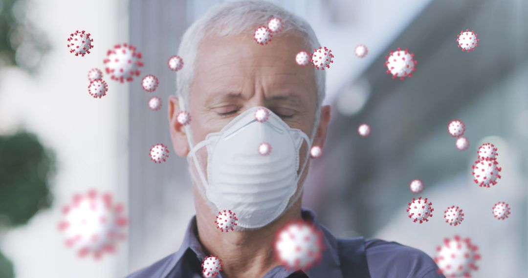Senior Wearing Mask Amid COVID-19 Virus Particles in Air