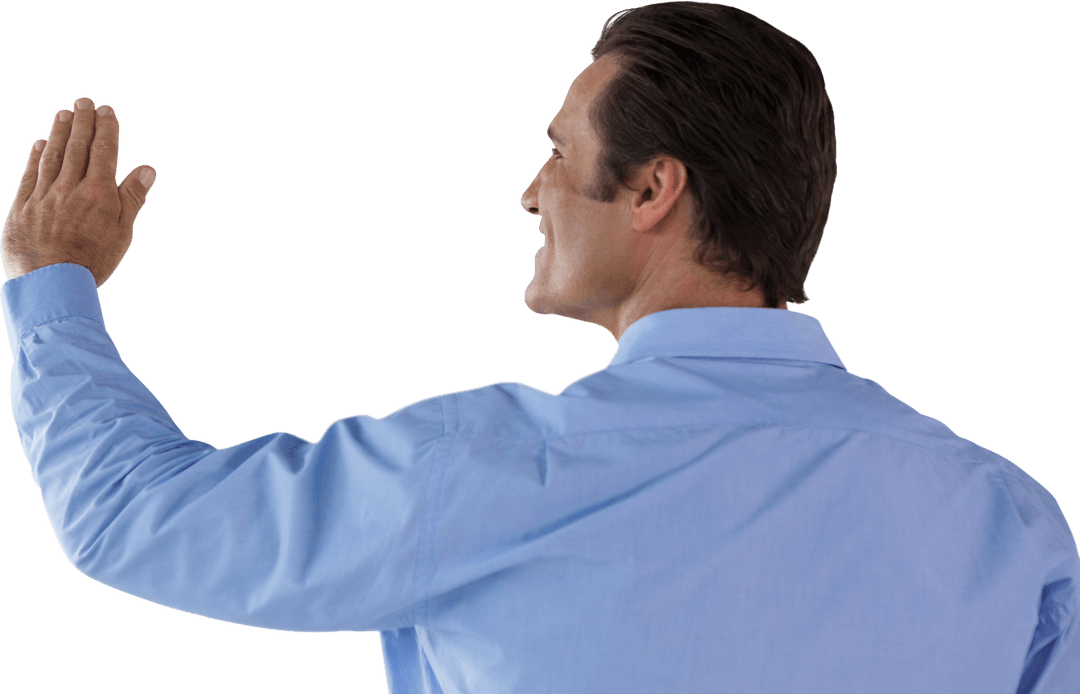 Rear View Mature Businessman Interacting with Transparent Screen