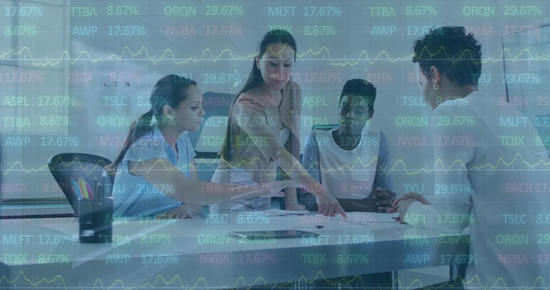Diverse Team Discussing Strategy with Trading Data Overlay