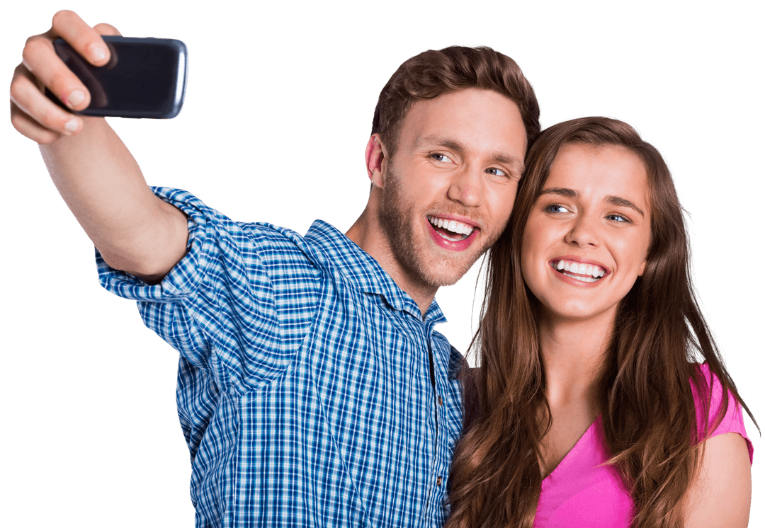 Transparent Cheerful Couple Taking Selfie with Smartphone Smiling