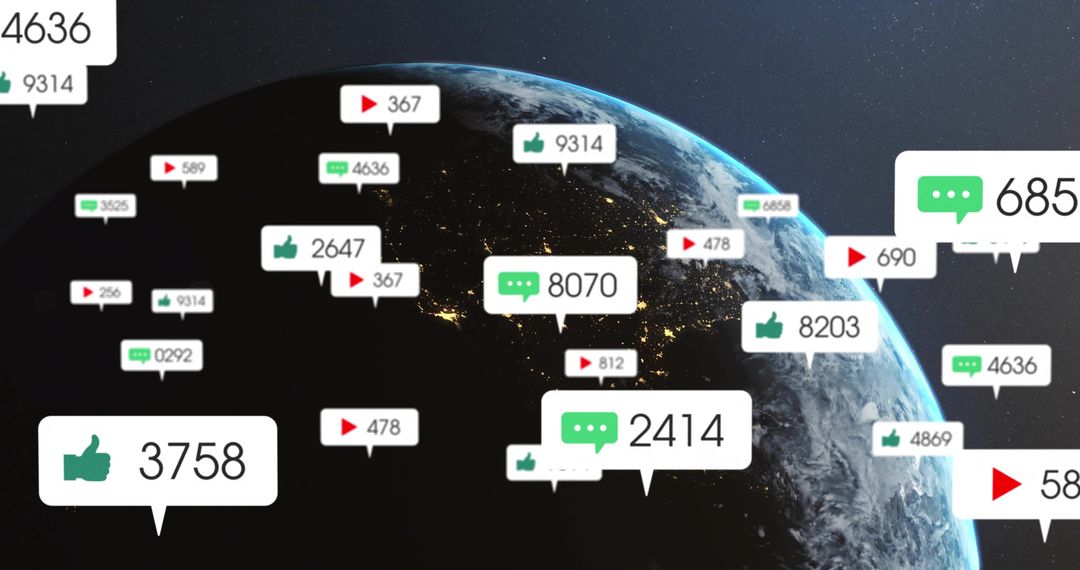 Social Media Engagement Icons Surrounding Glowing Earth from Space