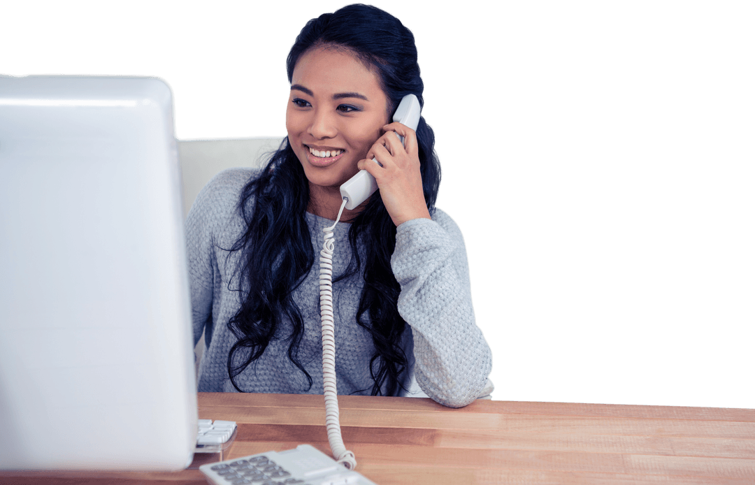 Smiling Asian Woman Using Transparent Telephone in Office Setting